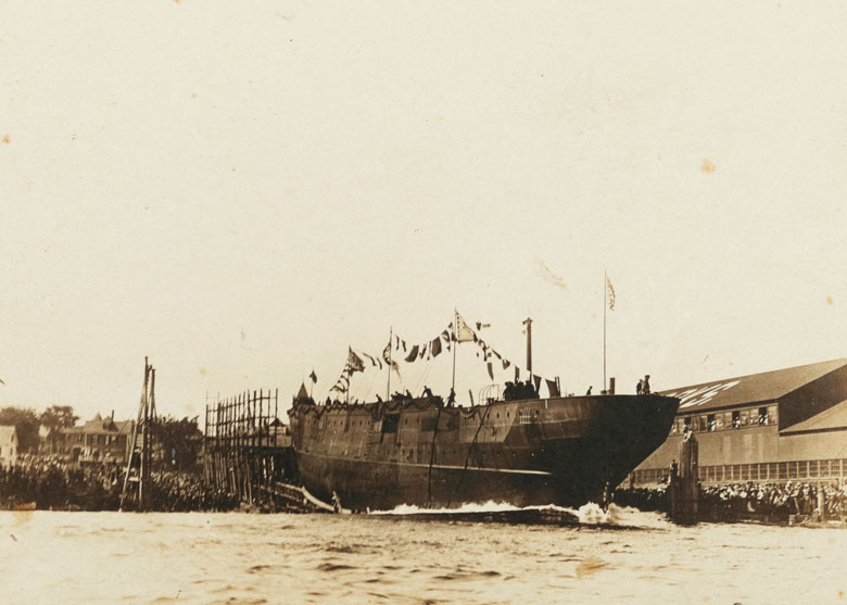 The September 1901 launch of the USS Cleveland at Bath Iron Works.