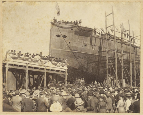 The September 1901 launch of the USS Cleveland at Bath Iron Works.