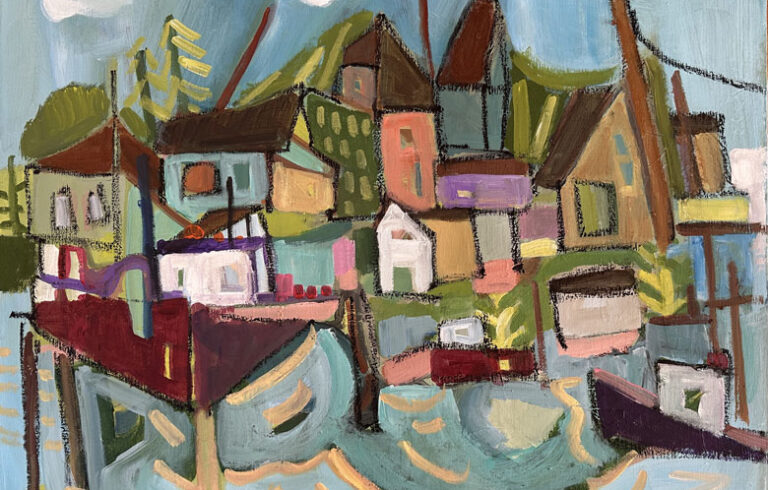 Jillian Herrigel, “Harbor Hues,” 2024, acrylic and oil stick, 22 x 28 inches.