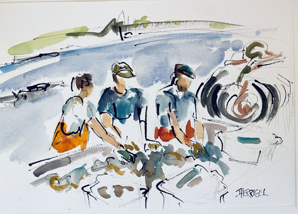 vJillian Herrigel, “Sorting Oysters,” 2021, watercolor and ink, 18 x 24 in.