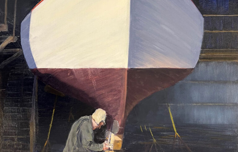 “Richard Stanley, Wooden Boatbuilder” by Lou Stanley (2025), oil on mounted linen panel, 22 x 28 in. COURTESY: ARTIST AND THE GALLERY AT SOMES SOUND