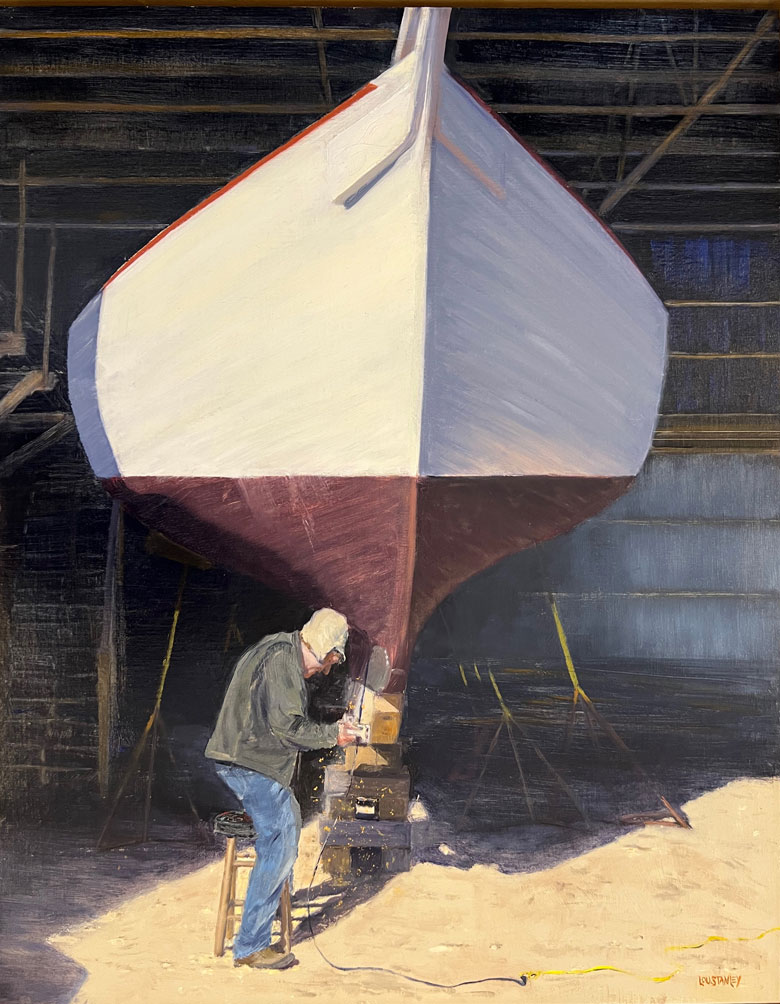 “Richard Stanley, Wooden Boatbuilder” by Lou Stanley (2025), oil on mounted linen panel, 22 x 28 in. COURTESY: ARTIST AND THE GALLERY AT SOMES SOUND