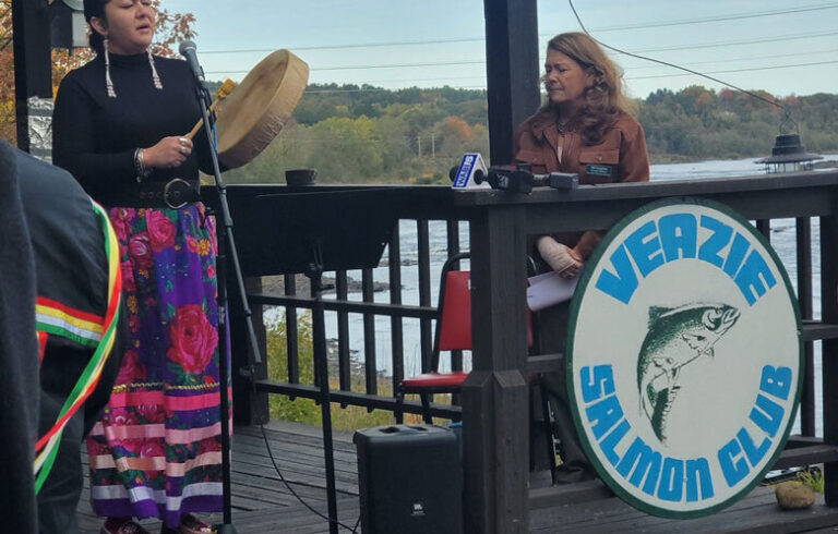 Lauren Stevens sang during an event in Veazie on Indigenous Peoples’ Day. At the event, the audio version was released of a report documenting how Wabanaki people have lost access to sea run fish. PHOTO: CATHERINE SCHMITT