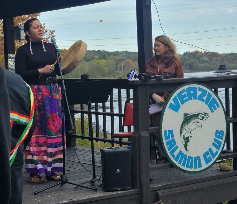 Lauren Stevens sang during an event in Veazie on Indigenous Peoples’ Day. At the event, the audio version was released of a report documenting how Wabanaki people have lost access to sea run fish. PHOTO: CATHERINE SCHMITT