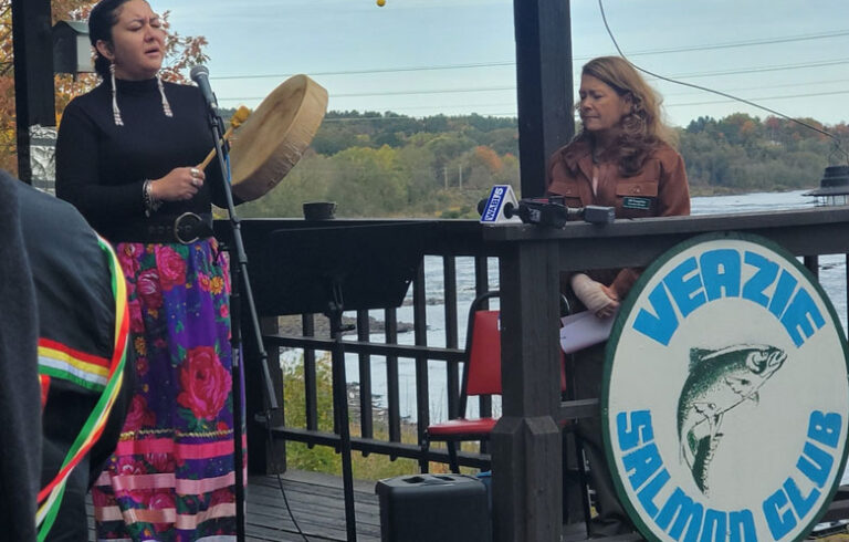 Lauren Stevens sang during an event in Veazie on Indigenous Peoples’ Day. At the event, the audio version was released of a report documenting how Wabanaki people have lost access to sea run fish.